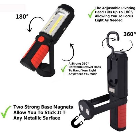 Lampe torche - LED COB 3W Rechargeable - Aimantée (base magnétique) - 2 LEDs 360 lm 50-100 m - Crochet pliable étanche (1/4)