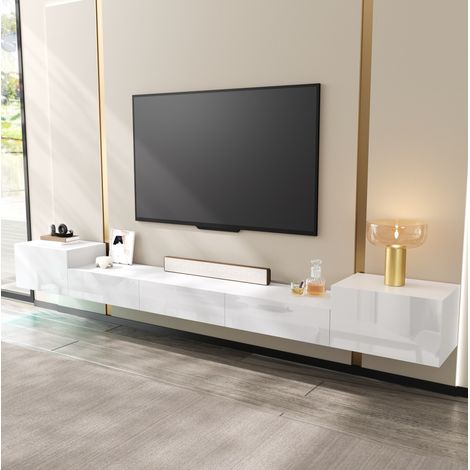 Meuble TV mural 245x30x26 cm avec LED multicolore, 5 portes, passe-câbles, rangement fermé MDF brillant - blanc (1/5)