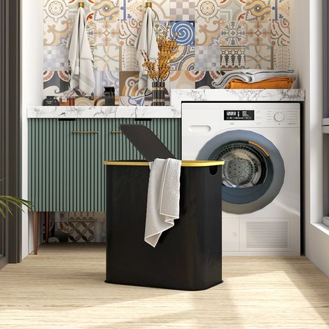 Cesto de ropa de 80 litros con 2 secciones y tapa, de tela no tejida y bambú, 54 x 34 x 58,5 cm, negro.
