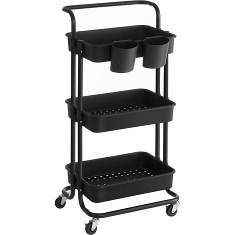 Carro Móvil De 3 Niveles con Ruedas Estante De Almacenamiento con Asa 2 Ollas 2 Frenos Cestas De Plástico Fácil Montaje 34"para Dormitorio Cocina Negro 120002729 (1/3)