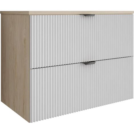 Mobile da bagno con frontale scanalato 80 cm con 2 cassetti, noce chiaro (MDF), con frontale bianco, con maniglia nera, 80 x 47 x 60 cm (1/5)