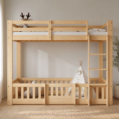 DESMIU Lit superposé 90 × 200 cm 2 places avec escalier d'angle, porte, sans matelas, en bois, naturel (1/5)