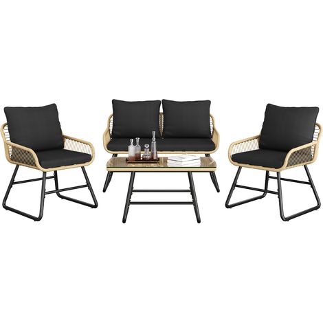Homevive Conjunto de Conversación para Patio de 4 Piezas 1 Mesa 1 Sofá de 2 Plazas y 2 Sillones de Ratán con Cojines y Almohadas, Beige/Negro (1/5)
