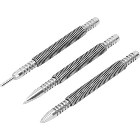 Lot de 3 clous à ressort en acier au carbone, force d'impact de 3 500 PSI, adaptés au bois, au métal et au verre. Comprend un chasse-clou en forme de S et un poinçon.