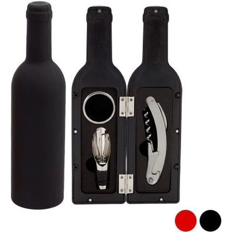 Coffret Accessoire Vin - Inox - Bouteille Noire - Tire Bouchon - Bec Verseur - Bague Anti Gouttes