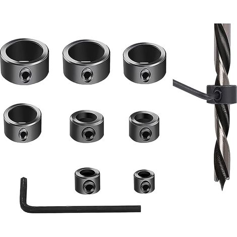 9 Pcs Colliers D'arrêt de Profondeur, Réglable Butée de Foret, Butées de Profondeur de Forage, Butées de Profondeur de Forage Colliers, Colliers de Limitation avec clé Hexagonale 3–16 mm(Noir)