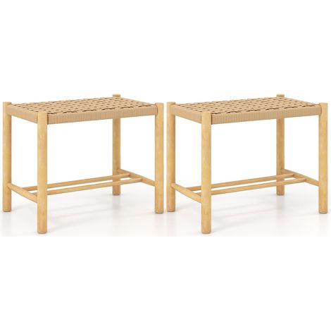 COSTWAY Set di 2 Sgabelli Intrecciata in Carta, Sgaballi Bassi da Soggiorno,Sgaballi Poggipiedi in Legno, Fino a 150 kg, 56 x 36 x 45 cm (1/5)