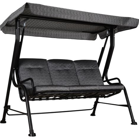 Altalena da giardino a 3 posti, extra confortevole, con tettuccio spesso e regolabile, cuscini rimovibili, in poliestere e acciaio verniciato a polvere epossidica, colore grigio/nero.