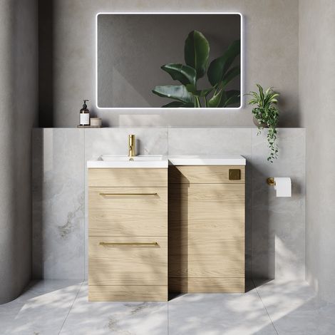 Napoli 390 Light Oak 1000mm 2 Drawer Vanity Unit Toilet Suite with Left Hand Square Lucia Basin - 1000mm - Brushed Brass 320mm HandleWithout Kingston Toilet Pan