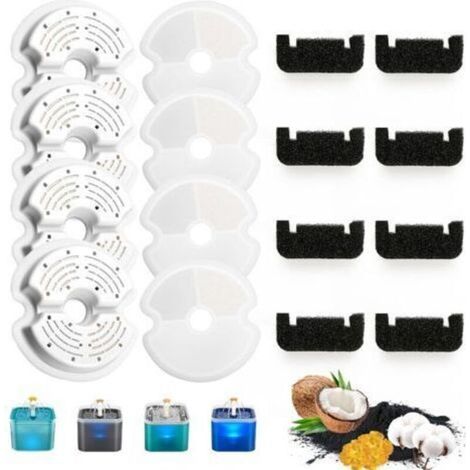 Lot de 8 Filtre Fontaine Eau Chat, 8Filtre Fontaine avec la résine et Charbon Actif+8Pcs Ponges, Quadruple Filtration Remplacement Filtre Fontaine à Eau