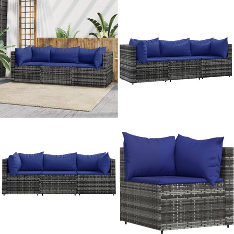 3-tlg. Garten-Lounge-Set mit Kissen Grau Poly Rattan - Gartensortiment - Loungemöbel - Gartenloungeset - Gartenmöbel - Esstischgarnitur - Home & Living (1/5)