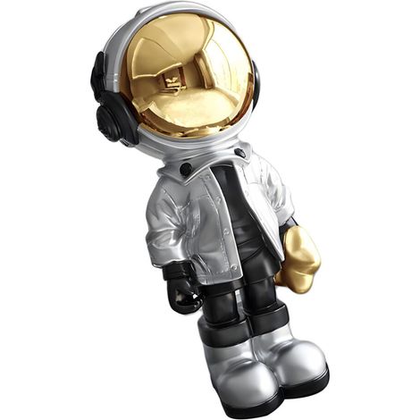 Figura única de astronauta en resina con acabado de espejo y plata.