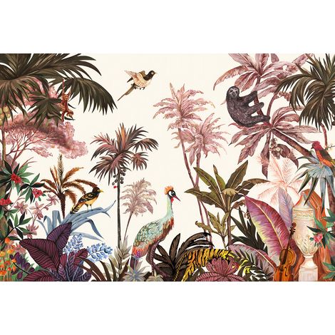 Papier peint panoramique - Forêt Tropicale Fleurs Oiseaux - 130 cm x 89 cm (1/2)