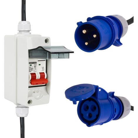 Adaptateur CEE 32 A vers 16 A 3P avec inverseur de phase, adaptateur courant fort CEE, fiche 32 A vers coupleur 16 A, avec disjoncteur de protection, câble allongé, bleu (1/5)