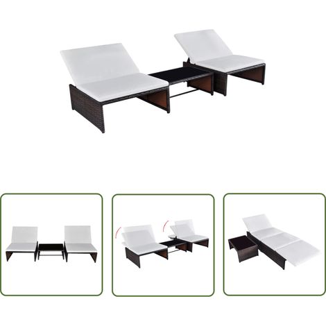 Lot de 2 transats chaise longue bain de soleil lit de jardin terrasse meuble d'extérieur avec table résine tressée marron (1/5)