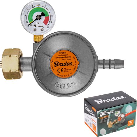 BRADAS REDUKTOR GAZOWY Z MANOMETREM I ZAWOREM BEZPIECZEŃSTWA EFV 37 mbar / 1,5 kg/h / 9 mm / PUDEŁKO