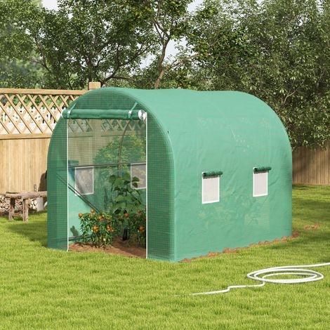 Serre Tunnel de Jardin 6m² - Châssis Tubulaire Renforcé, Porte Zippée + 4 Fenêtres Enroulables, Vert