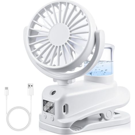 Ventilateur à Pince, Mini Ventilateur Rechargeable par USB avec Spray Humidificateur, à 4 Vitesses avec Clip, Affichage LED, Small Table Fan pour Bureau, Maison, Camping - Blanc (1/5)