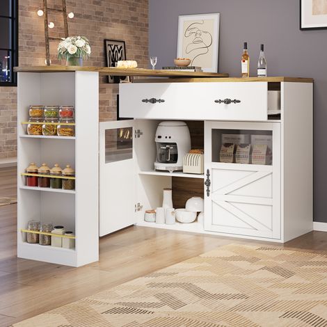 Ausziehbarer Bartisch mit Stauraum(138-204×39×104cm) , 360° drehbare Essbar,Moderner Beweglicher Bar Table,Hochtisch Kücheninsel Bistro Table, Sideboardschrank mit Regalen, weiß (1/5)