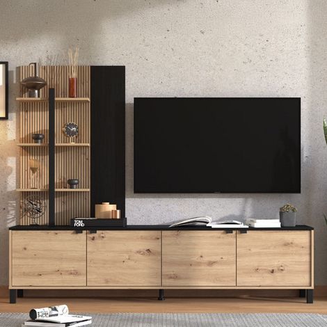 Pared equipada Staletti, mueble de salón 4 estantes, 4 compartimentos, 4 puertas, marrón roble nudoso (1/5)