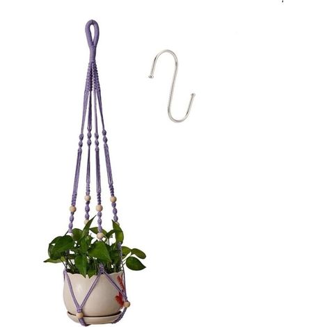 Suspension pour plantes d'intérieur en corde de coton violet, 85 cm, avec perles en bois, pour décoration intérieure, sans crochet, 1 paire