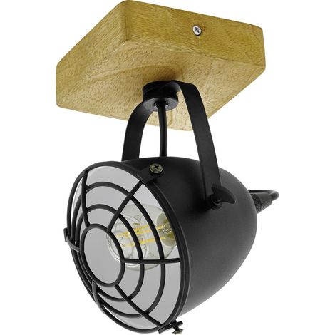 Wandlampe Wohnzimmerleuchte Wandleuchte Esszimmerlampe Industriell, Metall schwarz Holz Natur Gitteroptik, E14 Spot beweglich, H 20,5 cm