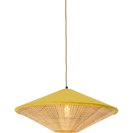 Landhaus-Pendelleuchte Gelb Samt mit Rattan 60cm - Frills Can