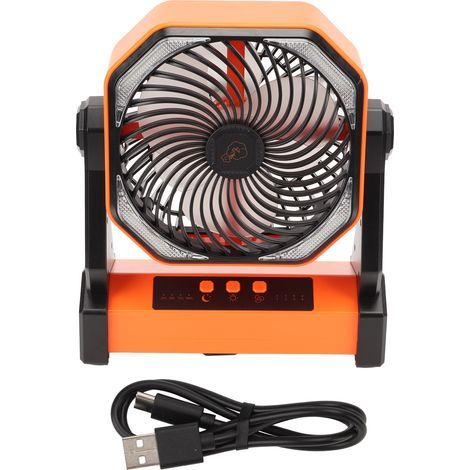 Camping Fan with LED Lantern, 4 Speeds, 270 Degree Swivel, Large Air Volume, USB Rechargeable, Light Hook for Outdoor Tent, Orange (1/5)