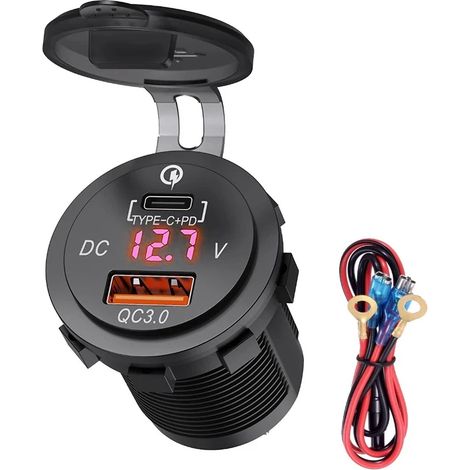 Chargeur double pour voiture avec voltmètre, compatible avec motos et véhicules.