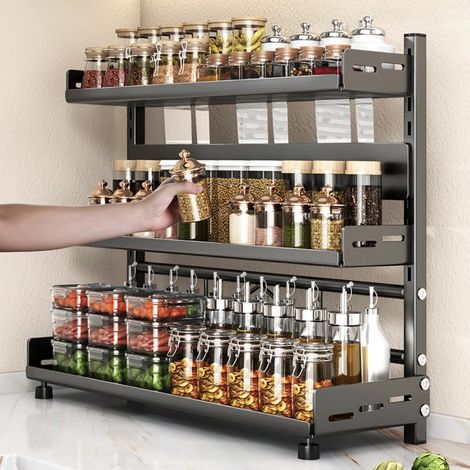 Étagère à épices réglable 30 cm – Acier au carbone antirouille – 3 niveaux avec protège-couteaux – Capacité jusqu'à 15 kg