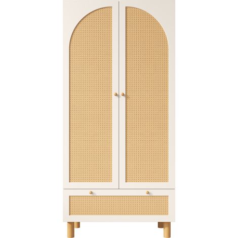 Armoire 180,5x85,5x52 Cm Blanche Style Campagne Avec Rattan Jaune Et Grand Tiroir (1/5)