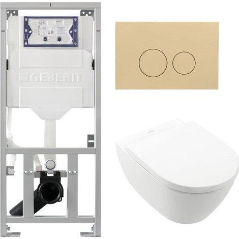 Villeroy & Boch Subway 2.0 DirectFlush Pack WC suspendu - bâti-support Geberit - abattant softclose - plaque de commande beige - boutons ronds - blanc