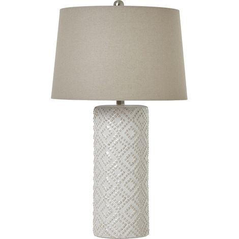 Beaded Lamp with Linen Shade - Ceramic - L40 x W40 x H71 cm - White