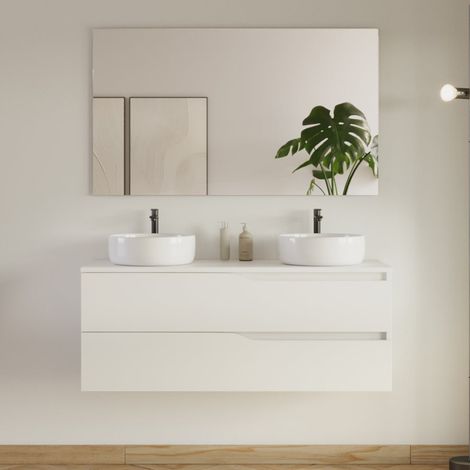 Meuble de salle de bain 120cm avec plateau et 2 vasques à poser Ares - 2 tiroirs - blanc - LUNA (1/5)