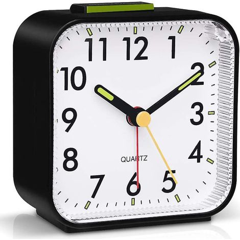 Réveil silencieux, horloge de table à piles, grand écran lumineux, fonction snooze. (1/4)