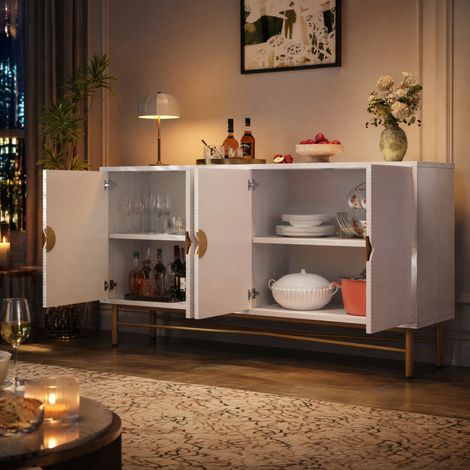 Credenza bianca 160 x 40 x 82 cm in pannelli di legno, con contenitore FloraGrace (1/5)