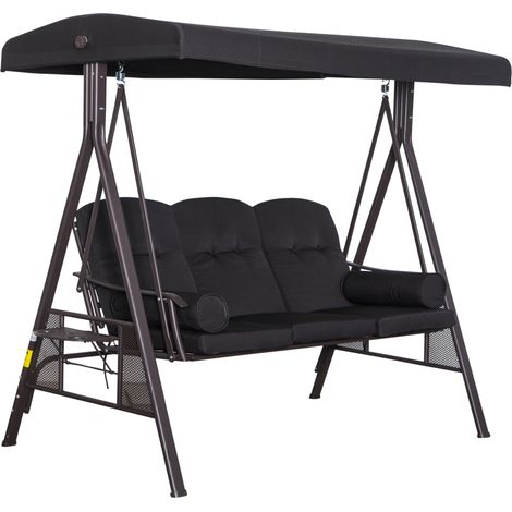 Balançoire Hollywood pour 3 personnes, toit inclinable, structure en métal, marron et noir, 116 x 206 x 183 cm (1/5)
