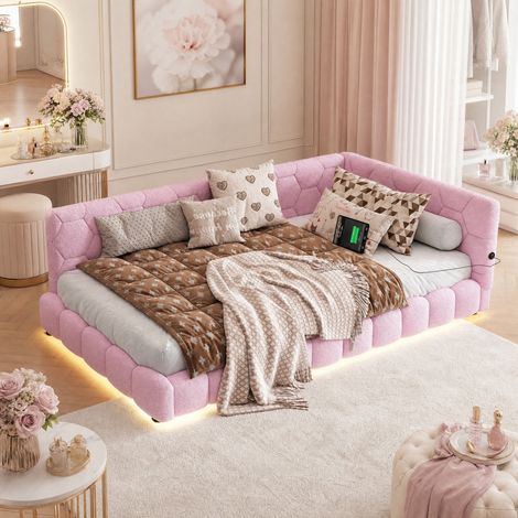 DESMIU Lit banquette 90 × 200 cm 1 place LED réglable, USB, Type-C, sans matelas, velours, rose (1/5)