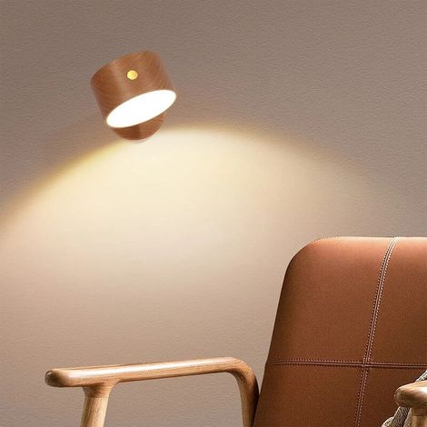 VURAHOME - Applique murale LED, lampe murale avec port USB à piles rechargeables, réglage de la luminosité, rotation à 360 ° boule magnétique pour lecture étude chevet 1 pièces (couleur bois) (1/5)