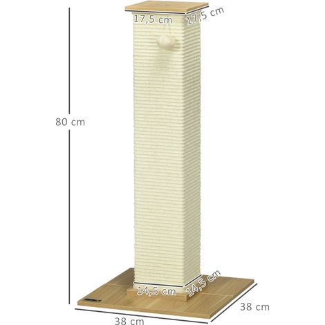Arbre à chat livré avec jouet, dimensions 38 cm x 38 cm x 80 cm, couleurs beige et ton naturel, parfait pour que votre chat puisse grimper, gratter et se divertir. (1/4)