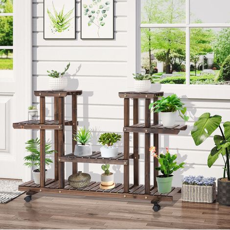 Estantería para plantas de 6 niveles, 123,5 x 33 x 80 cm, madera oscura con ruedas DESVIAE (1/5)