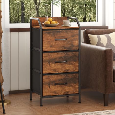 Cassettiera stretta in tessuto a 3 cassetti, ampia capacità contenitiva, piano in legno e struttura in metallo, per soggiorno e camera, marrone