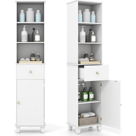 Hoher weißer Badezimmerschrank mit Regalen und Schublade