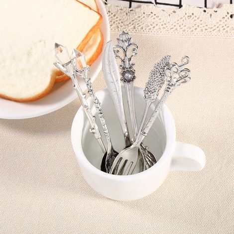 6-teiliges Miniatur-Teelöffel- und Gabelset im Vintage-Stil aus versilbertem Metall für Desserts (1/3)