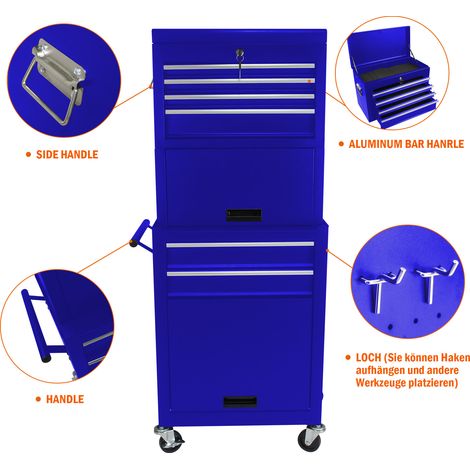 Coffre de rangement 6 tiroirs avec serrure de sécurité, muni de 4 roues orientables, organiseur amovible 2-en-1 pour garage, atelier mécanique et bricolage, teinte bleue (1/5)