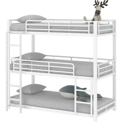 Lit superposé triple 90 x 200 cm en métal blanc, avec échelle et barrières de sécurité, gain de place pour enfants, ados et adultes, idéal pour chambre familiale – CHICFURN (1/5)