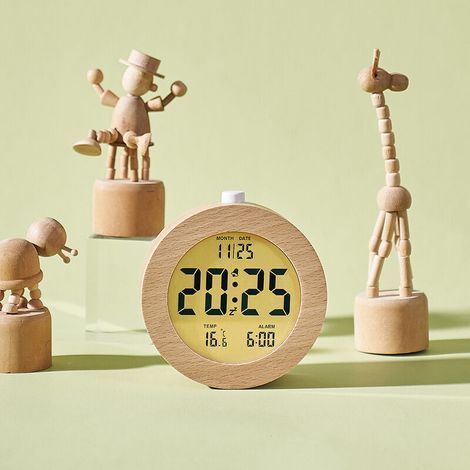 Clock Réveil Numérique en Bois, Réveil Matin LCD Horloge Numérique avec Affichage Date, Température, Snooze, Rétro-éclairage, Horloge Digitale Alimenté par Pile (1/5)