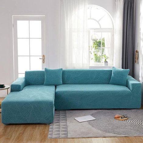 Fodera per divano idrorepellente, per singolo segmento, fantasia jacquard a foglie azzurra, 4 posti, 235 x 300 cm, 1 pezzo (1/5)
