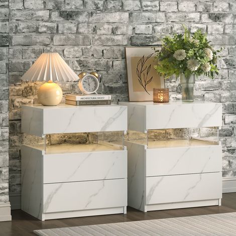 Cubehom Lot de 2 table de chevet LED à 3 tiroirs Table de chevet en acrylique pour chambre à coucher Salon,Gris Blanc (1/5)