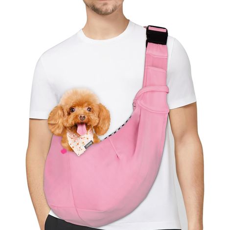 Sac de Transport pour Chien,Sac Transport Chiot, Réversible Sling Bandoulière Réglable, avec Crochet de Collier pour Chiot/Chat/Lapin Jusqu'à 4.99kg, Rose Clair (1/5)
